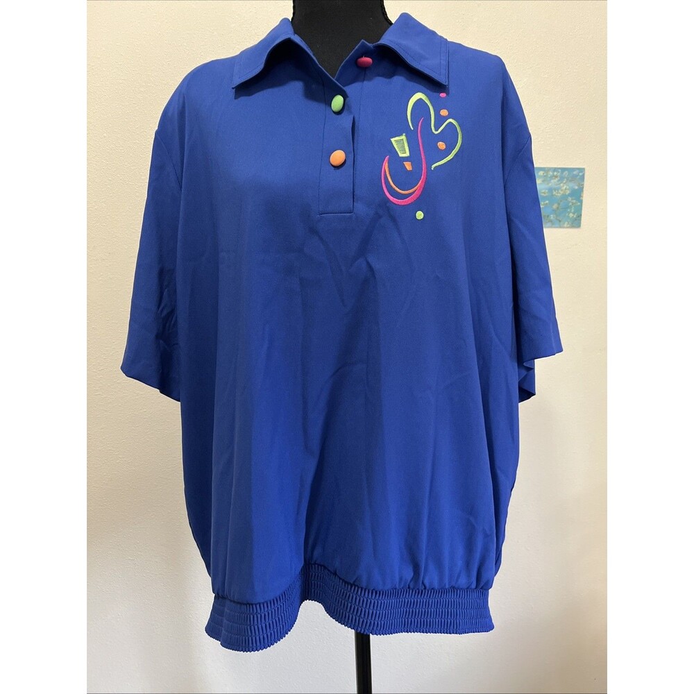 Women's Vintage 80s 90s Button Up Collared Short Sleeve Blouse 2x Shoulder Pads - Picture 2 of 5